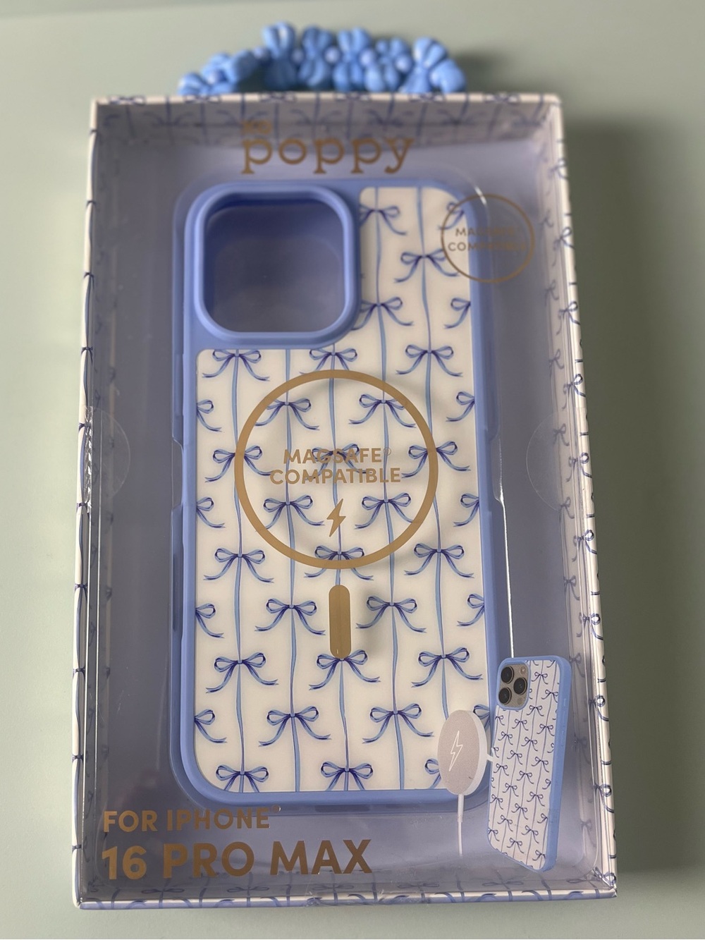 iPhone 16 Pro Max Case — Light Blue Bow Pattern